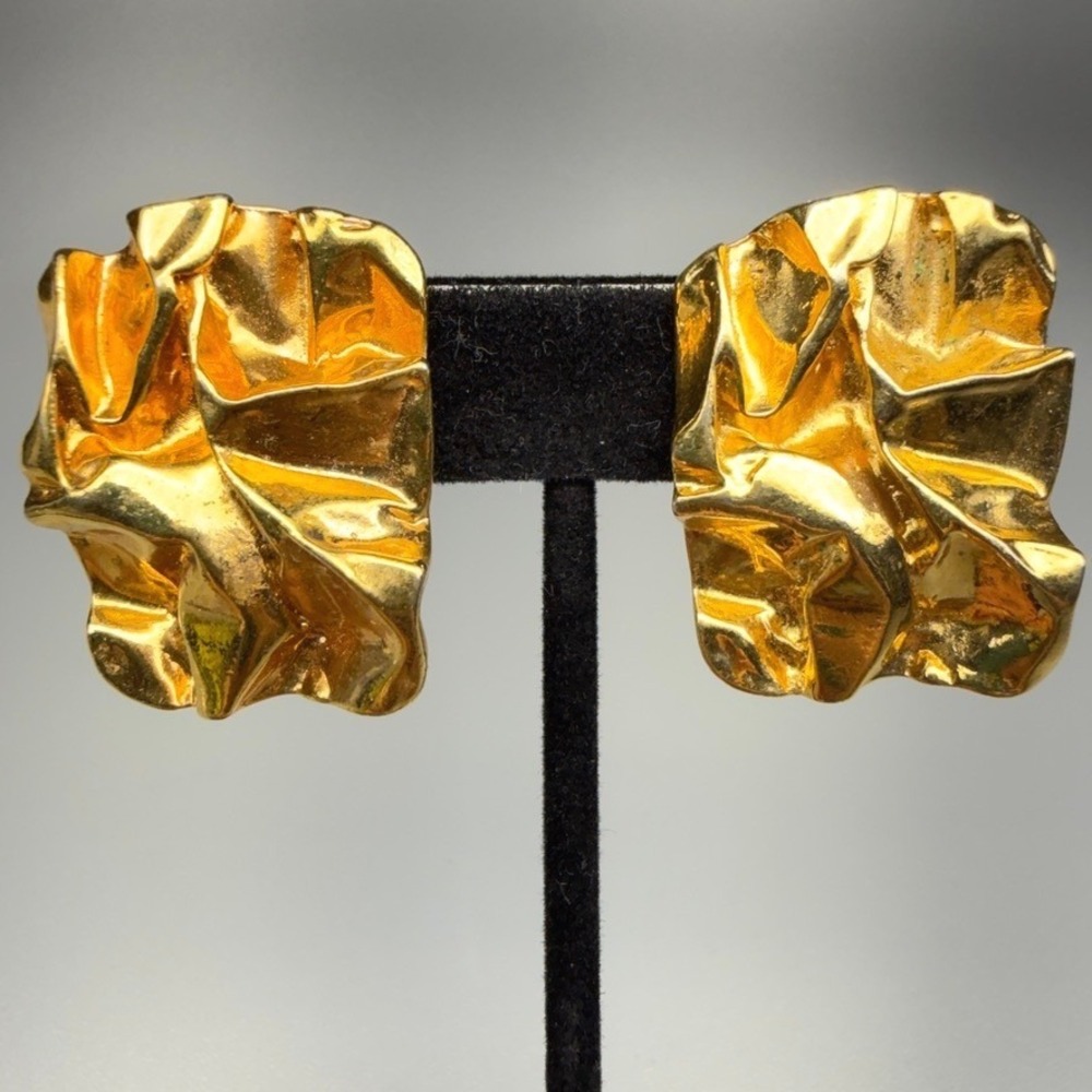 Vintage Brutalist Clip On Earrings Crumpled Gold Tone 1980s Runway Abstract
